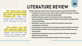 36
Berikut beberapa analisis untuk tinjauan pustaka yang dapat ditambahkan :
Tempatkan karya-karya yang relevan dalam konteks yang sesuai terhadap
pemahaman studi kasus yang sedang diselidiki.
Jelaskan hubungan setiap karya dengan karya lain yang sedang
dipertimbangkan sehingga dapat memberi tahu pembaca mengapa kasus
ini dapat diterapkan.
Identifikasi cara baru untuk menafsirkan penelitian sebelumnya
menggunakan studi kasus.
Menunjukkan cara untuk memenuhi kebutuhan akan penelitian tambahan.
Menyelesaikan konflik di antara penelitian-penelitian sebelumnya yang
bertentangan
Mengekspos kesenjangan apa pun yang ada dalam literatur yang dapat
dipenuhi oleh studi kasus
Temukan penelitian sendiri dalam konteks literatur yang ada
LITERATURE REVIEW
 