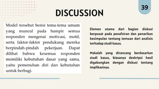 39
DISCUSSION
Elemen utama dari bagian diskusi
berpusat pada penafsiran dan penarikan
kesimpulan tentang temuan dari analisis
terhadap studi kasus.
Makalah yang dirancang berdasarkan
studi kasus, biasanya deskripsi hasil
digabungkan dengan diskusi tentang
implikasinya.
 