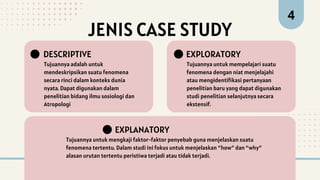 JENIS CASE STUDY
4
Tujuannya adalah untuk
mendeskripsikan suatu fenomena
secara rinci dalam konteks dunia
nyata. Dapat digunakan dalam
penelitian bidang ilmu sosiologi dan
Atropologi
DESCRIPTIVE
Tujuannya untuk mempelajari suatu
fenomena dengan niat menjelajahi
atau mengidentifikasi pertanyaan
penelitian baru yang dapat digunakan
studi penelitian selanjutnya secara
ekstensif.
EXPLORATORY
Tujuannya untuk mengkaji faktor-faktor penyebab guna menjelaskan suatu
fenomena tertentu. Dalam studi ini fokus untuk menjelaskan “how” dan “why”
alasan urutan tertentu peristiwa terjadi atau tidak terjadi.
EXPLANATORY
 