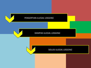 PENGERTIAN ILLEGAL LOGGING




         DAMPAK ILLEGAL LOGGING




                     SOLUSI ILLEGAL LOGGING
 