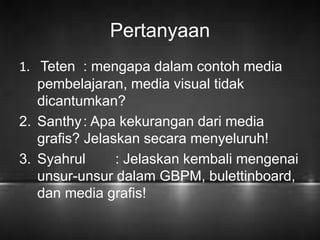 Pertanyaan 
1. Teten : mengapa dalam contoh media 
pembelajaran, media visual tidak 
dicantumkan? 
2. Santhy : Apa kekurangan dari media 
grafis? Jelaskan secara menyeluruh! 
3. Syahrul : Jelaskan kembali mengenai 
unsur-unsur dalam GBPM, bulettinboard, 
dan media grafis! 
 