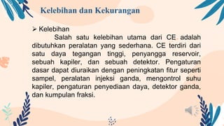 Kelebihan dan Kekurangan
 Kelebihan
Salah satu kelebihan utama dari CE adalah
dibutuhkan peralatan yang sederhana. CE terdiri dari
satu daya tegangan tinggi, penyangga reservoir,
sebuah kapiler, dan sebuah detektor. Pengaturan
dasar dapat diuraikan dengan peningkatan fitur seperti
sampel, peralatan injeksi ganda, mengontrol suhu
kapiler, pengaturan penyediaan daya, detektor ganda,
dan kumpulan fraksi.
 