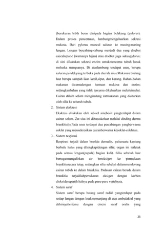 )berukuran lebih besar daripada bagian belakang (pylorus).
   Dalam proses pencernaan, lambungmengeluarkan sekresi
   mukosa. Dari pylorus muncul saluran ke masing-masing
   lengan. Lengan bercabang-cabang menjadi dua yang disebut
   caecahepatic (warnanya hijau) atau disebut juga sakuspylorus;
   di sini dilakukan sekresi enzim untukmencerna tubuh lunak
   moluska mangsanya. Di ataslambung terdapat usus, berupa
   saluran pendekyang terbuka pada daerah anus.Makanan bintang
   laut berupa sampah ikan kecil,siput, dan kerang. Bahan-bahan
   makanan     dicernadengan      bantuan   mukosa       dan      enzim;
   sedangkanbahan yang tidak tercerna dikeluarkan melaluimulut.
   Cairan dalam selom mengandung zatmakanan yang diedarkan
   oleh silia ke seluruh tubuh.
2. Sistem ekskresi
   Ekskresi dilakukan oleh sel-sel amebosit yangterdapat dalam
   cairan selom. Zat sisa ini dibawakeluar melalui dinding derma
   brankhialis.Pada usus terdapat dua percabangan yangberwarna
   coklat yang mensekresikan cairanberwarna kecoklat-coklatan.
3. Sistem respirasi
   Respirasi terjadi dalam brankia dermalis, yaitusuatu kantung
   berbulu halus yang dilengkapidengan silia; organ ini terletak
   pada semua lengan(papula) bagian kulit. Silia sebelah luar
   bertugasmengalirkan      air    beroksigen       ke      permukaan
   brankhiasecara tetap, sedangkan silia sebelah dalammendorong
   cairan tubuh ke dalam brankhia. Padasaat cairan berada dalam
   brankhia    terjadilahpertukaran    oksigen      dengan        karbon
   dioksidasepertih halnya pada paru-paru vertebrata.
4. Sistem saraf
   Sistem saraf berupa batang saraf radial yangterdapat pada
   setiap lengan dengan letakmemanjang di atas ambulakral yang
   akhirnyabertemu      dengan     cincin   saraf        oralis    yang


                                                                      25
 