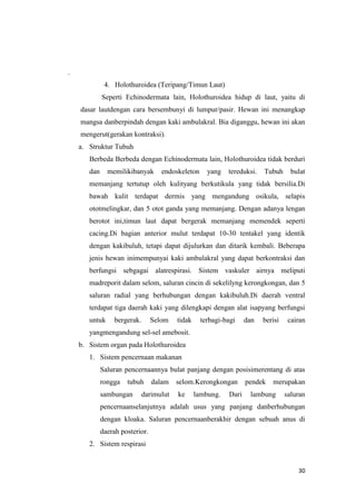 .
              4. Holothuroidea (Teripang/Timun Laut)
             Seperti Echinodermata lain, Holothuroidea hidup di laut, yaitu di
    dasar lautdengan cara bersembunyi di lumpur/pasir. Hewan ini menangkap
    mangsa danberpindah dengan kaki ambulakral. Bia diganggu, hewan ini akan
    mengerut(gerakan kontraksi).
    a. Struktur Tubuh
       Berbeda Berbeda dengan Echinodermata lain, Holothuroidea tidak berduri
       dan     memilikibanyak       endoskeleton      yang   tereduksi.   Tubuh      bulat
       memanjang tertutup oleh kulityang berkutikula yang tidak bersilia.Di
       bawah kulit terdapat dermis yang mengandung osikula, selapis
       ototmelingkar, dan 5 otot ganda yang memanjang. Dengan adanya lengan
       berotot ini,timun laut dapat bergerak memanjang memendek seperti
       cacing.Di bagian anterior mulut terdapat 10-30 tentakel yang identik
       dengan kakibuluh, tetapi dapat dijulurkan dan ditarik kembali. Beberapa
       jenis hewan inimempunyai kaki ambulakral yang dapat berkontraksi dan
       berfungsi sebgagai alatrespirasi. Sistem vaskuler airnya meliputi
       madreporit dalam selom, saluran cincin di sekelilyng kerongkongan, dan 5
       saluran radial yang berhubungan dengan kakibuluh.Di daerah ventral
       terdapat tiga daerah kaki yang dilengkapi dengan alat isapyang berfungsi
       untuk      bergerak.      Selom    tidak     terbagi-bagi    dan   berisi    cairan
       yangmengandung sel-sel amebosit.
    b. Sistem organ pada Holothuroidea
       1. Sistem pencernaan makanan
             Saluran pencernaannya bulat panjang dengan posisimerentang di atas
             rongga   tubuh      dalam    selom.Kerongkongan        pendek   merupakan
             sambungan        darimulut   ke      lambung.   Dari    lambung       saluran
             pencernaanselanjutnya adalah usus yang panjang danberhubungan
             dengan kloaka. Saluran pencernaanberakhir dengan sebuah anus di
             daerah posterior.
       2. Sistem respirasi


                                                                                       30
 
