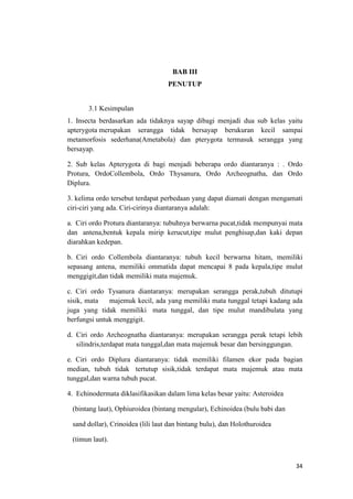BAB III
                                   PENUTUP


       3.1 Kesimpulan
1. Insecta berdasarkan ada tidaknya sayap dibagi menjadi dua sub kelas yaitu
apterygota merupakan serangga tidak bersayap berukuran kecil sampai
metamorfosis sederhana(Ametabola) dan pterygota termasuk serangga yang
bersayap.

2. Sub kelas Apterygota di bagi menjadi beberapa ordo diantaranya : . Ordo
Protura, OrdoCollembola, Ordo Thysanura, Ordo Archeognatha, dan Ordo
Diplura.

3. kelima ordo tersebut terdapat perbedaan yang dapat diamati dengan mengamati
ciri-ciri yang ada. Ciri-cirinya diantaranya adalah:

a. Ciri ordo Protura diantaranya: tubuhnya berwarna pucat,tidak mempunyai mata
dan antena,bentuk kepala mirip kerucut,tipe mulut penghisap,dan kaki depan
diarahkan kedepan.

b. Ciri ordo Collembola diantaranya: tubuh kecil berwarna hitam, memiliki
sepasang antena, memiliki ommatida dapat mencapai 8 pada kepala,tipe mulut
menggigit,dan tidak memiliki mata majemuk.

c. Ciri ordo Tysanura diantaranya: merupakan serangga perak,tubuh ditutupi
sisik, mata   majemuk kecil, ada yang memiliki mata tunggal tetapi kadang ada
juga yang tidak memiliki mata tunggal, dan tipe mulut mandibulata yang
berfungsi untuk menggigit.

d. Ciri ordo Archeognatha diantaranya: merupakan serangga perak tetapi lebih
   silindris,terdapat mata tunggal,dan mata majemuk besar dan bersinggungan.

e. Ciri ordo Diplura diantaranya: tidak memiliki filamen ekor pada bagian
median, tubuh tidak tertutup sisik,tidak terdapat mata majemuk atau mata
tunggal,dan warna tubuh pucat.

4. Echinodermata diklasifikasikan dalam lima kelas besar yaitu: Asteroidea

 (bintang laut), Ophiuroidea (bintang mengular), Echinoidea (bulu babi dan

 sand dollar), Crinoidea (lili laut dan bintang bulu), dan Holothuroidea

 (timun laut).


                                                                             34
 