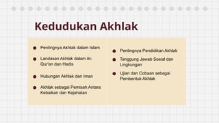 Kedudukan Akhlak
● Pentingnya Akhlak dalam Islam
● Landasan Akhlak dalam Al-
Qur'an dan Hadis
● Hubungan Akhlak dan Iman
● Akhlak sebagai Pemisah Antara
Kebaikan dan Kejahatan
● Pentingnya Pendidikan Akhlak
● Tanggung Jawab Sosial dan
Lingkungan
● Ujian dan Cobaan sebagai
Pembentuk Akhlak
 