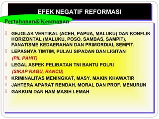 EEFFEEKK NNEEGGAATTIIFF RREEFFOORRMMAASSII 
Pertahanan&Keamanan 
 GEJOLAK VERTIKAL (ACEH, PAPUA, MALUKU) DAN KONFLIK 
HORIZONTAL (MALUKU, POSO. SAMBAS, SAMPIT), 
FANATISME KEDAERAHAN DAN PRIMORDIAL SEMPIT. 
 LEPASNYA TIMTIM, PULAU SIPADAN DAN LIGITAN 
(PIL PAHIT) 
 LEGAL ASPEK PELIBATAN TNI BANTU POLRI 
(SIKAP RAGU, RANCU) 
 KRIMINALITAS MENINGKAT, MASY. MAKIN KHAWATIR 
 JAHTERA APARAT RENDAH, MORAL DAN PROF. MENURUN 
 GAKKUM DAN HAM MASIH LEMAH 
 GEJOLAK VERTIKAL (ACEH, PAPUA, MALUKU) DAN KONFLIK 
HORIZONTAL (MALUKU, POSO. SAMBAS, SAMPIT), 
FANATISME KEDAERAHAN DAN PRIMORDIAL SEMPIT. 
 LEPASNYA TIMTIM, PULAU SIPADAN DAN LIGITAN 
(PIL PAHIT) 
 LEGAL ASPEK PELIBATAN TNI BANTU POLRI 
(SIKAP RAGU, RANCU) 
 KRIMINALITAS MENINGKAT, MASY. MAKIN KHAWATIR 
 JAHTERA APARAT RENDAH, MORAL DAN PROF. MENURUN 
 GAKKUM DAN HAM MASIH LEMAH 
 