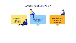 ANGGOTA KELOMPOK 7
RESI SARPIN
226602029
RINTAN ANI
ASTUTI
226602095
NI KADEK AYU
WIRANTI
226602103
 