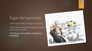 3.Pemimpin harus berfikir analitis dan
konseptual
2.Pemimpin menyeimbangkan pencapaian
tujuan dan prioritas
Tugas dari pemimpin
1.Pemimpin bekerja dengan orang lain
 