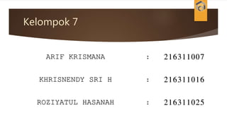 Kelompok 7
ARIF KRISMANA : 216311007
KHRISNENDY SRI H : 216311016
ROZIYATUL HASANAH : 216311025
 