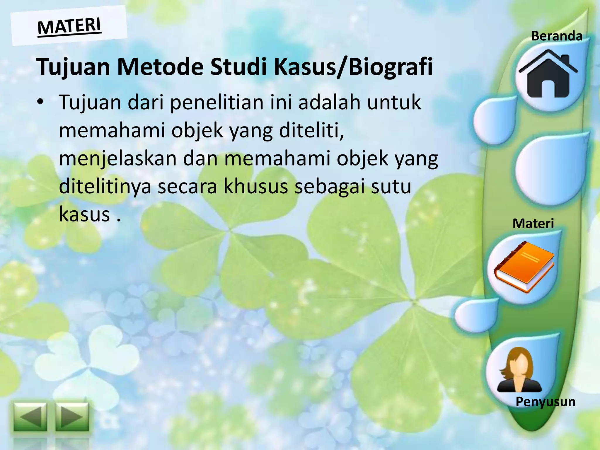 Beranda

Tujuan Metode Studi Kasus/Biografi
• Tujuan dari penelitian ini adalah untuk
memahami objek yang diteliti,
menjelaskan dan memahami objek yang
ditelitinya secara khusus sebagai sutu
kasus .

Indikator

Materi
Materi

Penyusun

 