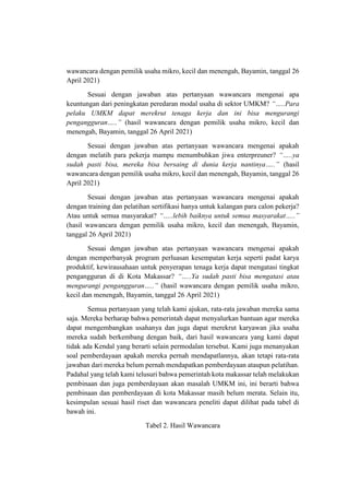 wawancara dengan pemilik usaha mikro, kecil dan menengah, Bayamin, tanggal 26
April 2021)
Sesuai dengan jawaban atas pertanyaan wawancara mengenai apa
keuntungan dari peningkatan peredaran modal usaha di sektor UMKM? “…..Para
pelaku UMKM dapat merekrut tenaga kerja dan ini bisa mengurangi
pengangguran…..” (hasil wawancara dengan pemilik usaha mikro, kecil dan
menengah, Bayamin, tanggal 26 April 2021)
Sesuai dengan jawaban atas pertanyaan wawancara mengenai apakah
dengan melatih para pekerja mampu menumbuhkan jiwa enterpreuner? “…..ya
sudah pasti bisa, mereka bisa bersaing di dunia kerja nantinya…..” (hasil
wawancara dengan pemilik usaha mikro, kecil dan menengah, Bayamin, tanggal 26
April 2021)
Sesuai dengan jawaban atas pertanyaan wawancara mengenai apakah
dengan training dan pelatihan sertifikasi hanya untuk kalangan para calon pekerja?
Atau untuk semua masyarakat? “…..lebih baiknya untuk semua masyarakat…..”
(hasil wawancara dengan pemilik usaha mikro, kecil dan menengah, Bayamin,
tanggal 26 April 2021)
Sesuai dengan jawaban atas pertanyaan wawancara mengenai apakah
dengan memperbanyak program perluasan kesempatan kerja seperti padat karya
produktif, kewirausahaan untuk penyerapan tenaga kerja dapat mengatasi tingkat
pengangguran di di Kota Makassar? “…..Ya sudah pasti bisa mengatasi atau
mengurangi pengangguran…..” (hasil wawancara dengan pemilik usaha mikro,
kecil dan menengah, Bayamin, tanggal 26 April 2021)
Semua pertanyaan yang telah kami ajukan, rata-rata jawaban mereka sama
saja. Mereka berharap bahwa pemerintah dapat menyalurkan bantuan agar mereka
dapat mengembangkan usahanya dan juga dapat merekrut karyawan jika usaha
mereka sudah berkembang dengan baik, dari hasil wawancara yang kami dapat
tidak ada Kendal yang berarti selain permodalan tersebut. Kami juga menanyakan
soal pemberdayaan apakah mereka pernah mendapatlannya, akan tetapi rata-rata
jawaban dari mereka belum pernah mendapatkan pemberdayaan ataupun pelatihan.
Padahal yang telah kami telusuri bahwa pemerintah kota makassar telah melakukan
pembinaan dan juga pemberdayaan akan masalah UMKM ini, ini berarti bahwa
pembinaan dan pemberdayaan di kota Makassar masih belum merata. Selain itu,
kesimpulan sesuai hasil riset dan wawancara peneliti dapat dilihat pada tabel di
bawah ini.
Tabel 2. Hasil Wawancara
 