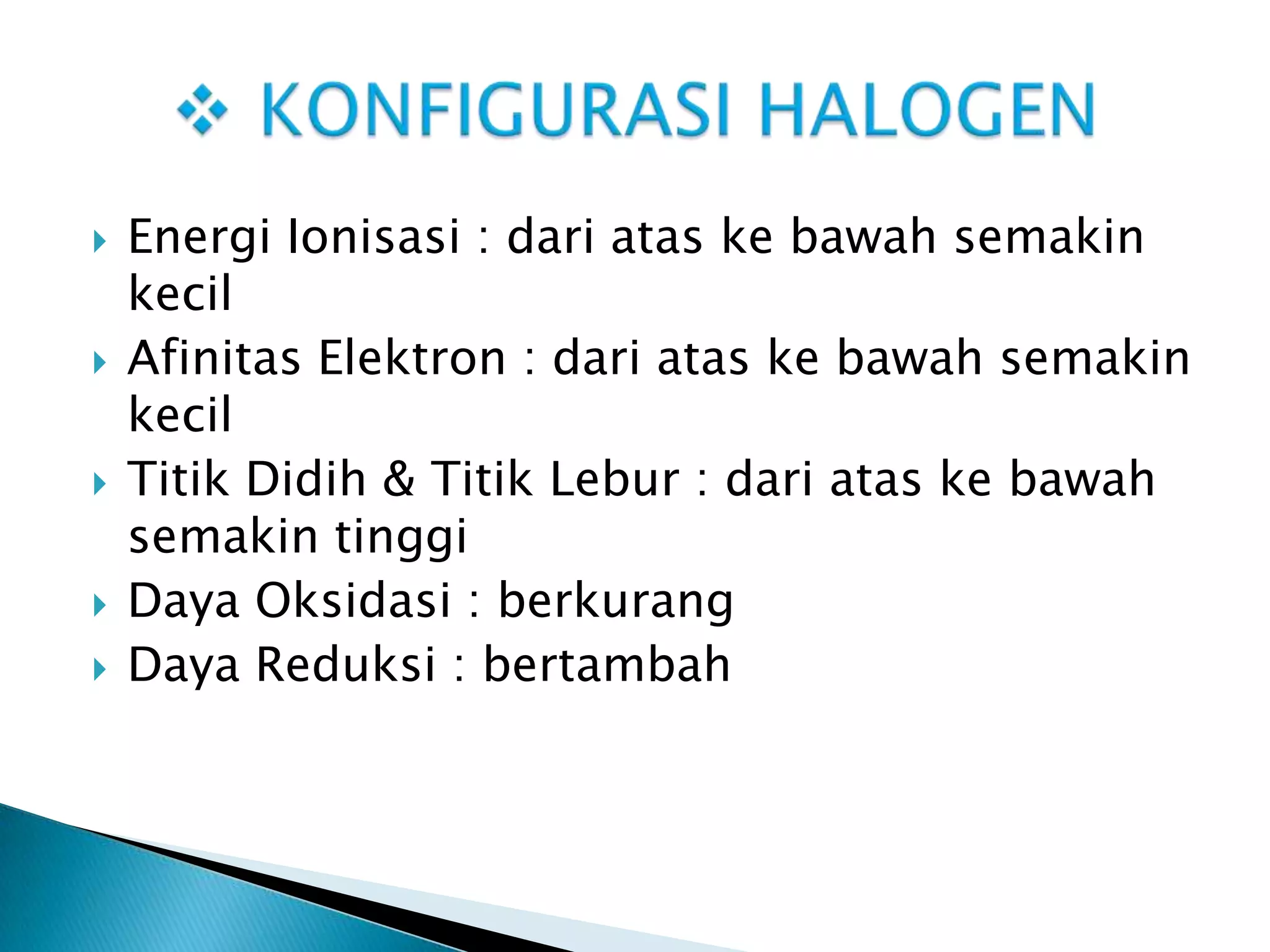 








Energi Ionisasi : dari atas ke bawah semakin
kecil
Afinitas Elektron : dari atas ke bawah semakin
kecil
Titik Didih & Titik Lebur : dari atas ke bawah
semakin tinggi
Daya Oksidasi : berkurang
Daya Reduksi : bertambah

 