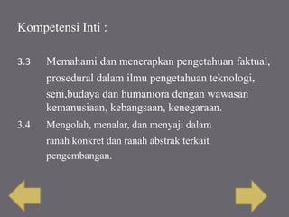 Kompetensi Inti :
3.3 Memahami dan menerapkan pengetahuan faktual,
prosedural dalam ilmu pengetahuan teknologi,
seni,budaya dan humaniora dengan wawasan
kemanusiaan, kebangsaan, kenegaraan.
3.4 Mengolah, menalar, dan menyaji dalam
ranah konkret dan ranah abstrak terkait
pengembangan.
 