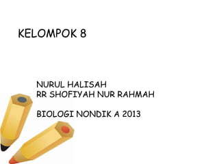 KELOMPOK 8

NURUL HALISAH
RR SHOFIYAH NUR RAHMAH
BIOLOGI NONDIK A 2013

 