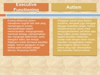 Executive
Functioning
 Kurang efisiennya sistem
manajemen kognitif dari otak yang
mempengaruhi proses
neuropsikologis seperti
merencanakan, mengorganisasi,
membuat strategi, memperhatikan
dan mengingat detil/rincian, serta
mengatur waktu dan tempat.
Walaupun bukan termasuk kesulitan
belajar, namun gangguan ini juga
terlihat pada kesulitan belajar
lainnya, khususnya ADHD.
 Gangguan syaraf yang disebut
austisme, seringkali juga dianggap
sebagai disabilitas belajar, karena
ketidakmampuan siswa untuk
mengorganisasikan perhatian atau
fokus dalam proses belajarnya,
seperti kesulitan melakukan
kontak mata dengan lawan bicara,
kesulitan menggerakkan badan
atau anggota (gestur) sesuai
pesan yang ingin disampaikan,
atau kesulitan berkomunikasi.
Autism
 