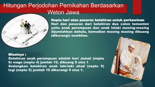 Hitungan Perjodohan Pernikahan Berdasarkan
Weton Jawa
Neptu hari atau pasaran kelahiran untuk perkawinan
Hari dan pasaran dari kelahiran dua calon temanten
yaitu anak perempuan dan anak lelaki masing-masing
dijumlahkan dahulu, kemudian masing masing dibuang
(dikurangi) sembilan.
Misalnya :
Kelahiran anak perempuan adalah hari Jumat (neptu
6) wage (neptu 4) jumlah 10, dibuang 9 sisa 1
Sedangkan kelahiran anak laki-laki ahad (neptu 5)
legi (neptu 5) jumlah 10 dikurangi 9 sisa 1.
 