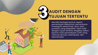 Memiliki berbagai bentuk, seperti
pemeriksaan kepatuhan, pemeriksaan
investigatif, eksaminasi, reviu, atau
prosedur yang disepakati. Hasil audit
dengan tujuan tertentu disajikan dalam
laporan hasil pemeriksaan (LHP) yang
memuat temuan, kesimpulan, dan
rekomendasi
AUDIT DENGAN
TUJUAN TERTENTU
 