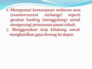 6. Mempunyai kemampuan melawan arus

(countercurrent exchange) seperti
gerakan hauling (menggulung) untuk
mengurangi penurunan panas tubuh.
7. Menggunakan sirip belakang untuk
menghasilkan gaya dorong ke depan

 