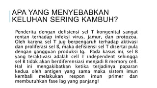 APA YANG MENYEBABKAN
KELUHAN SERING KAMBUH?
Penderita dengan defisiensi sel T kongenital sangat
rentan terhadap infeksi virus, jamur, dan protozoa.
Oleh karena sel T jug berpengaruh terhadap aktivasi
dan proliferasi sel B, maka defisiensi sel T disertai pula
dengan gangguan produksi Ig. Pada kasus ini, sel B
yang teraktivasi adalah cell T independent sehingga
sel B tidak akan berdiferensiasi menjadi B memory cell.
Hal ini mengakibatkan ketika terjadinya paparan
kedua oleh antigen yang sama maka sistem imun
kembali melakukan respon imun primer dan
membutuhkan fase lag yang panjang!
 