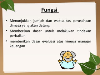 Fungsi
• Menunjukkan jumlah dan waktu kas perusahaan
dimasa yang akan datang
• Memberikan dasar untuk melakukan tindakan
perbaikan
• memberikan dasar evaluasi atas kinerja manajer
keuangan
 