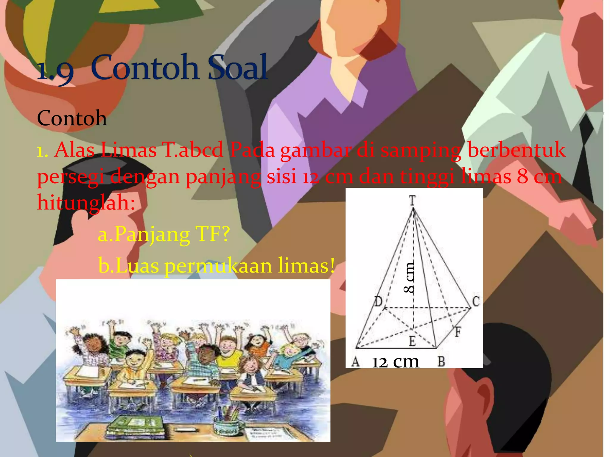 Contoh
1. Alas Limas T.abcd Pada gambar di samping berbentuk
persegi dengan panjang sisi 12 cm dan tinggi limas 8 cm
hitunglah:
a.Panjang TF?
b.Luas permukaan limas!
12 cm
8cm
 