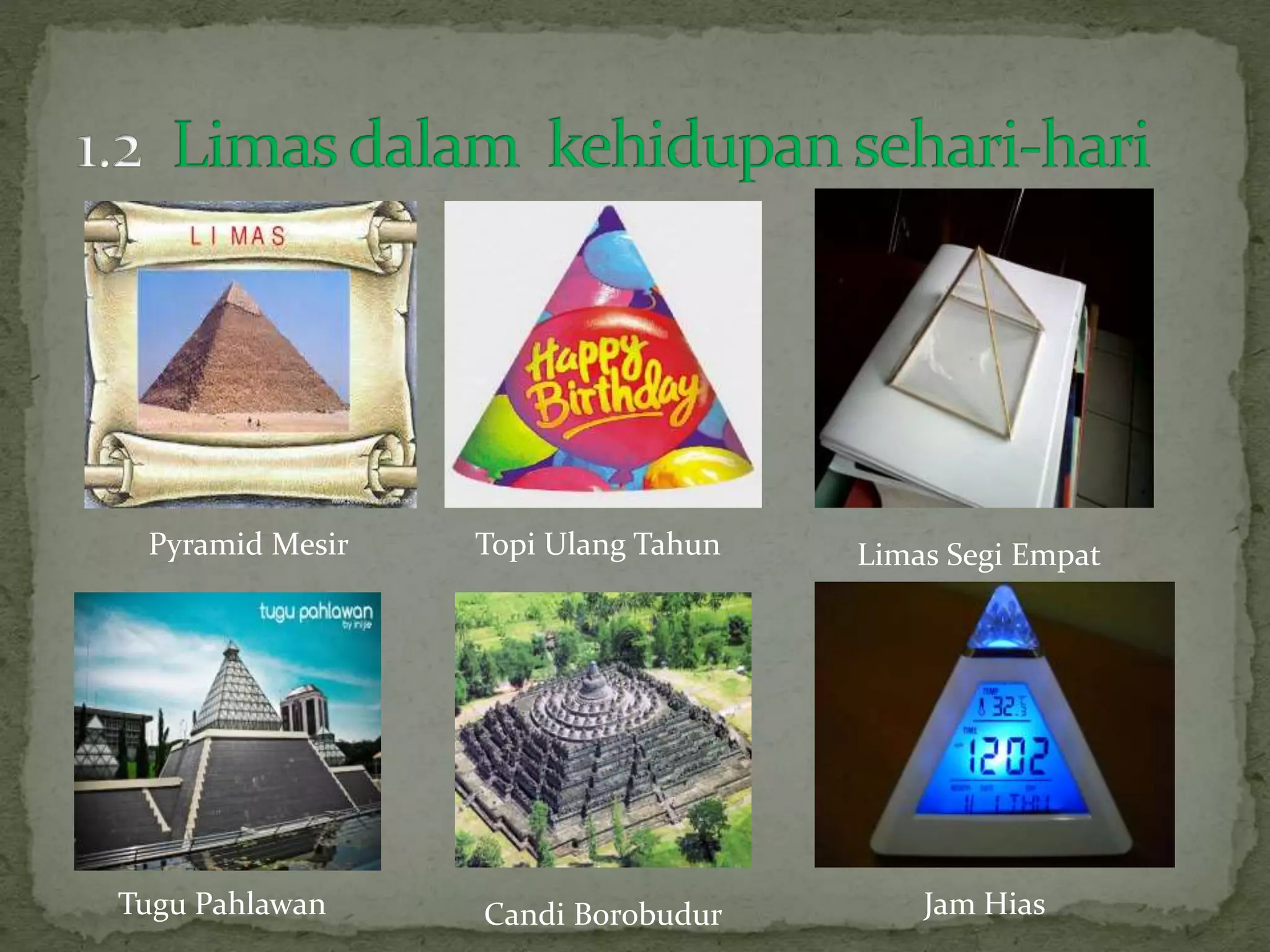 Pyramid Mesir Topi Ulang Tahun Limas Segi Empat
Tugu Pahlawan Candi Borobudur Jam Hias
 