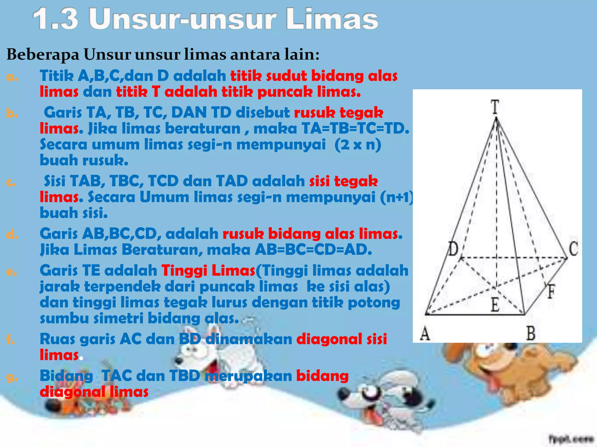 Beberapa Unsur unsur limas antara lain:
a. Titik A,B,C,dan D adalah titik sudut bidang alas
limas dan titik T adalah titik puncak limas.
b. Garis TA, TB, TC, DAN TD disebut rusuk tegak
limas. Jika limas beraturan , maka TA=TB=TC=TD.
Secara umum limas segi-n mempunyai (2 x n)
buah rusuk.
c. Sisi TAB, TBC, TCD dan TAD adalah sisi tegak
limas. Secara Umum limas segi-n mempunyai (n+1)
buah sisi.
d. Garis AB,BC,CD, adalah rusuk bidang alas limas.
Jika Limas Beraturan, maka AB=BC=CD=AD.
e. Garis TE adalah Tinggi Limas(Tinggi limas adalah
jarak terpendek dari puncak limas ke sisi alas)
dan tinggi limas tegak lurus dengan titik potong
sumbu simetri bidang alas.
f. Ruas garis AC dan BD dinamakan diagonal sisi
limas.
g. Bidang TAC dan TBD merupakan bidang
diagonal limas
 