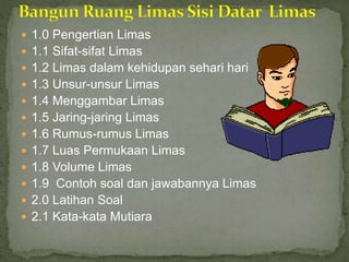  1.0 Pengertian Limas
 1.1 Sifat-sifat Limas
 1.2 Limas dalam kehidupan sehari hari
 1.3 Unsur-unsur Limas
 1.4 Menggambar Limas
 1.5 Jaring-jaring Limas
 1.6 Rumus-rumus Limas
 1.7 Luas Permukaan Limas
 1.8 Volume Limas
 1.9 Contoh soal dan jawabannya Limas
 2.0 Latihan Soal
 2.1 Kata-kata Mutiara
 