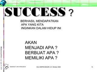 1313
MuhammadZencopyright©2009
SUCCESSSUCCESS ??
BERHASIL MENDAPATKAN
APA YANG KITA
INGINKAN DALAM HIDUP INI
AKAN
MENJADI APA ?
BERBUAT APA ?
MEMILIKI APA ?
SEMANGAT JIWA WIRAUSAHASEMANGAT JIWA WIRAUSAHA 1313VILA ARIPIN BOGOR, 25 Oktober 2009VILA ARIPIN BOGOR, 25 Oktober 2009
 