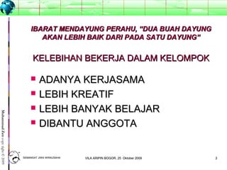 22
MuhammadZencopyright©2009
IBARAT MENDAYUNG PERAHU, “DUA BUAH DAYUNGIBARAT MENDAYUNG PERAHU, “DUA BUAH DAYUNG
AKAN LEBIH BAIK DARI PADA SATU DAYUNG”AKAN LEBIH BAIK DARI PADA SATU DAYUNG”
KELEBIHAN BEKERJA DALAM KELOMPOKKELEBIHAN BEKERJA DALAM KELOMPOK
 ADANYA KERJASAMAADANYA KERJASAMA
 LEBIH KREATIFLEBIH KREATIF
 LEBIH BANYAK BELAJARLEBIH BANYAK BELAJAR
 DIBANTU ANGGOTADIBANTU ANGGOTA
SEMANGAT JIWA WIRAUSAHASEMANGAT JIWA WIRAUSAHA 22VILA ARIPIN BOGOR, 25 Oktober 2009VILA ARIPIN BOGOR, 25 Oktober 2009
 