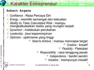 2222
MuhammadZencopyright©2009
22
Karakter Entrepreneur
 Confidence : Rasa Percaya Diri
 Energy : memiliki semangat dan kekuatan
 Ability to Take Calculated Risk : mampu
mengkalkulasikan resiko yang mungkin terjadi
 Dynamism : melakukan perubahan
 Leadership : jiwa kepemimpinan
 Optimism : optimisme yang tinggi
 Need to Achieve : mampu mencapai target
 Creative : kreatif
 Flexibility : Fleksibel
 Responsibility : rasa tanggung jawab
 Independence : berdiri sendiri
 Inisiative : mempunyai inisiatif
Robert Argene
SEMANGAT JIWA WIRAUSAHASEMANGAT JIWA WIRAUSAHA 2222VILA ARIPIN BOGOR, 25 Oktober 2009VILA ARIPIN BOGOR, 25 Oktober 2009
 