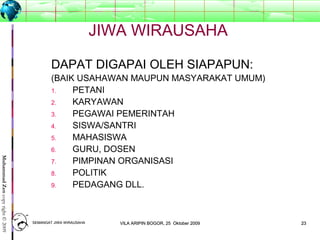 2323
MuhammadZencopyright©2009
JIWA WIRAUSAHA
DAPAT DIGAPAI OLEH SIAPAPUN:
(BAIK USAHAWAN MAUPUN MASYARAKAT UMUM)
1. PETANI
2. KARYAWAN
3. PEGAWAI PEMERINTAH
4. SISWA/SANTRI
5. MAHASISWA
6. GURU, DOSEN
7. PIMPINAN ORGANISASI
8. POLITIK
9. PEDAGANG DLL.
SEMANGAT JIWA WIRAUSAHASEMANGAT JIWA WIRAUSAHA 2323VILA ARIPIN BOGOR, 25 Oktober 2009VILA ARIPIN BOGOR, 25 Oktober 2009
 