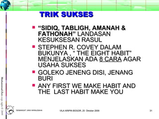 3131
MuhammadZencopyright©2009
TRIK SUKSESTRIK SUKSES
 ““SIDIQ, TABLIGH, AMANAH &SIDIQ, TABLIGH, AMANAH &
FATHONAH”FATHONAH” LANDASANLANDASAN
KESUKSESAN RASULKESUKSESAN RASUL
 STEPHEN R. COVEY DALAMSTEPHEN R. COVEY DALAM
BUKUNYA , “ THE EIGHT HABIT”BUKUNYA , “ THE EIGHT HABIT”
MENJELASKAN ADAMENJELASKAN ADA 8 CARA8 CARA AGARAGAR
USAHA SUKSESUSAHA SUKSES
 GOLEKO JENENG DISI, JENANGGOLEKO JENENG DISI, JENANG
BURIBURI
 ANY FIRST WE MAKE HABIT ANDANY FIRST WE MAKE HABIT AND
THE LAST HABIT MAKE YOUTHE LAST HABIT MAKE YOU
SEMANGAT JIWA WIRAUSAHASEMANGAT JIWA WIRAUSAHA 3131VILA ARIPIN BOGOR, 25 Oktober 2009VILA ARIPIN BOGOR, 25 Oktober 2009
 