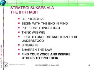3232
MuhammadZencopyright©2009
STRATEGI SUKSES ALA
THE 8TH HABIT
 BE PROACTIVE
 BEGIN WITH THE END IN MIND
 PUT FIRST THINGS FIRST
 THINK WIN-WIN
 FIRST TO UNDERSTAND THAN TO BE
UNDERSTOOD
 SINERGIZE
 SHARPEN THE SAW
 FIND YOUR VOICE AND INSPIRE
OTHERS TO FIND THEIR
SEMANGAT JIWA WIRAUSAHASEMANGAT JIWA WIRAUSAHA 3232VILA ARIPIN BOGOR, 25 Oktober 2009VILA ARIPIN BOGOR, 25 Oktober 2009
 
