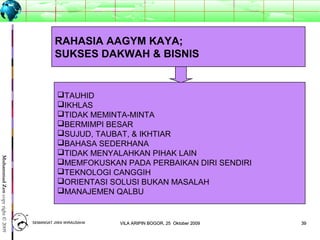 3939
MuhammadZencopyright©2009
TAUHID
IKHLAS
TIDAK MEMINTA-MINTA
BERMIMPI BESAR
SUJUD, TAUBAT, & IKHTIAR
BAHASA SEDERHANA
TIDAK MENYALAHKAN PIHAK LAIN
MEMFOKUSKAN PADA PERBAIKAN DIRI SENDIRI
TEKNOLOGI CANGGIH
ORIENTASI SOLUSI BUKAN MASALAH
MANAJEMEN QALBU
RAHASIA AAGYM KAYA;
SUKSES DAKWAH & BISNIS
SEMANGAT JIWA WIRAUSAHASEMANGAT JIWA WIRAUSAHA 3939VILA ARIPIN BOGOR, 25 Oktober 2009VILA ARIPIN BOGOR, 25 Oktober 2009
 