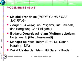 4040
MuhammadZencopyright©2009
MODEL BISNIS ABWS
 Melalui Franchise (PROFIT AND LOSS
SHARING)
 Poligami Award; Jus Poligami, Jus Sakinah,
dan Kangkung Cah Poligami)
 Budaya Organisasi Islam (Kultum sebelum
kerja, wajib jilbab karyawati)
 Manajer spiritual Islam (Prof. Dr. Sahrin
Harahap, MA)
 Zakat Usaha dan Memiliki Sarana Ibadah
SEMANGAT JIWA WIRAUSAHASEMANGAT JIWA WIRAUSAHA 4040VILA ARIPIN BOGOR, 25 Oktober 2009VILA ARIPIN BOGOR, 25 Oktober 2009
 