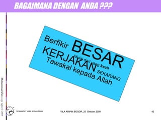 4242
MuhammadZencopyright©2009
BAGAIMANA DENGAN ANDA ???
Berfikir BESARMulai dari yang kecil
KERJAKAN SEKARANG
Tawakal kepada Allah
SEMANGAT JIWA WIRAUSAHASEMANGAT JIWA WIRAUSAHA 4242VILA ARIPIN BOGOR, 25 Oktober 2009VILA ARIPIN BOGOR, 25 Oktober 2009
 