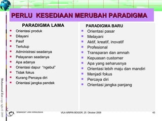 4343
MuhammadZencopyright©2009
PERLU KESEDIAAN MERUBAH PARADIGMAPERLU KESEDIAAN MERUBAH PARADIGMA
PARADIGMA LAMAPARADIGMA LAMA
 Orientasi produkOrientasi produk
 DilayaniDilayani
 PasifPasif
 TertutupTertutup
 Administrasi seadanyaAdministrasi seadanya
 Pelayanan seadanyaPelayanan seadanya
 Apa adanyaApa adanya
 Orientasi dapur “ngebul”Orientasi dapur “ngebul”
 Tidak fokusTidak fokus
 Kurang Percaya diriKurang Percaya diri
 Orientasi jangka pendekOrientasi jangka pendek
PARADIGMA BARU
 Orientasi pasar
 Melayani
 Aktif, kreatif, inovatif
 Profesional
 Transparan dan amnah
 Kepuasan customer
 Apa yang seharusnya
 Orientasi lebih maju dan mandiri
 Menjadi fokus
 Percaya diri
 Orientasi jangka panjang
SEMANGAT JIWA WIRAUSAHASEMANGAT JIWA WIRAUSAHA 4343VILA ARIPIN BOGOR, 25 Oktober 2009VILA ARIPIN BOGOR, 25 Oktober 2009
 