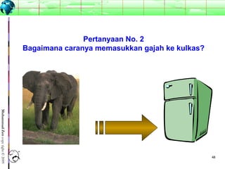 4848
MuhammadZencopyright©2009
Pertanyaan No. 2
Bagaimana caranya memasukkan gajah ke kulkas?
 