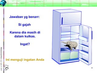 5151
MuhammadZencopyright©2009
Jawaban yg benarr:
Si gajah
Karena dia masih di
dalam kulkas.
Ingat?
Ini menguji ingatan Anda
 