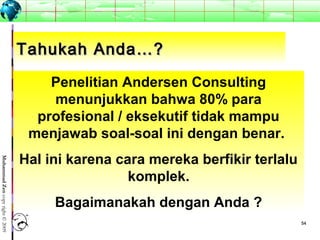 5454
MuhammadZencopyright©2009
Tahukah Anda…?Tahukah Anda…?
Penelitian Andersen Consulting
menunjukkan bahwa 80% para
profesional / eksekutif tidak mampu
menjawab soal-soal ini dengan benar.
Hal ini karena cara mereka berfikir terlalu
komplek.
Bagaimanakah dengan Anda ?
 