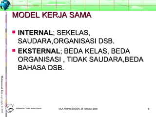 66
MuhammadZencopyright©2009
MODEL KERJA SAMAMODEL KERJA SAMA
 INTERNALINTERNAL; SEKELAS,; SEKELAS,
SAUDARA,ORGANISASI DSB.SAUDARA,ORGANISASI DSB.
 EKSTERNALEKSTERNAL; BEDA KELAS, BEDA; BEDA KELAS, BEDA
ORGANISASI , TIDAK SAUDARA,BEDAORGANISASI , TIDAK SAUDARA,BEDA
BAHASA DSB.BAHASA DSB.
SEMANGAT JIWA WIRAUSAHASEMANGAT JIWA WIRAUSAHA 66VILA ARIPIN BOGOR, 25 Oktober 2009VILA ARIPIN BOGOR, 25 Oktober 2009
 