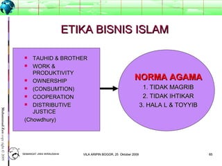 6565
MuhammadZencopyright©2009
ETIKA BISNIS ISLAMETIKA BISNIS ISLAM
 TAUHID & BROTHERTAUHID & BROTHER
 WORK &WORK &
PRODUKTIVITYPRODUKTIVITY
 OWNERSHIPOWNERSHIP
 (CONSUMTION)(CONSUMTION)
 COOPERATIONCOOPERATION
 DISTRIBUTIVEDISTRIBUTIVE
JUSTICEJUSTICE
(Chowdhury)(Chowdhury)
NORMA AGAMANORMA AGAMA
1. TIDAK MAGRIB1. TIDAK MAGRIB
2. TIDAK IHTIKAR2. TIDAK IHTIKAR
3. HALA L & TOYYIB3. HALA L & TOYYIB
SEMANGAT JIWA WIRAUSAHASEMANGAT JIWA WIRAUSAHA 6565VILA ARIPIN BOGOR, 25 Oktober 2009VILA ARIPIN BOGOR, 25 Oktober 2009
 