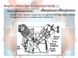 Bagian utama dari kompresor torak
Silinder dan Kepala Silinder
Silinder untuk tekanan kurang dari 50 kgf/cm2 (4.9 Mpa) pada umunya
menggunakan besi cor sebagai bahan silindernya.
 
