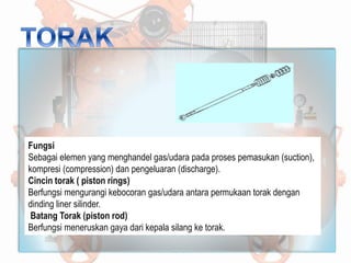 Fungsi
Sebagai elemen yang menghandel gas/udara pada proses pemasukan (suction),
kompresi (compression) dan pengeluaran (discharge).
Cincin torak ( piston rings)
Berfungsi mengurangi kebocoran gas/udara antara permukaan torak dengan
dinding liner silinder.
Batang Torak (piston rod)
Berfungsi meneruskan gaya dari kepala silang ke torak.
 