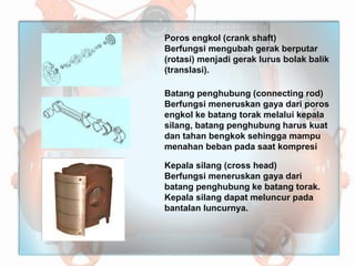 Poros engkol (crank shaft)
Berfungsi mengubah gerak berputar
(rotasi) menjadi gerak lurus bolak balik
(translasi).
Batang penghubung (connecting rod)
Berfungsi meneruskan gaya dari poros
engkol ke batang torak melalui kepala
silang, batang penghubung harus kuat
dan tahan bengkok sehingga mampu
menahan beban pada saat kompresi
Kepala silang (cross head)
Berfungsi meneruskan gaya dari
batang penghubung ke batang torak.
Kepala silang dapat meluncur pada
bantalan luncurnya.
 