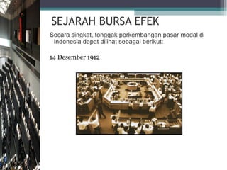 SEJARAH BURSA EFEK
Secara singkat, tonggak perkembangan pasar modal di
Indonesia dapat dilihat sebagai berikut:
14 Desember 1912

1

 