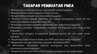 Meninjau dan menentukan proses yang memiliki potensi kegagalan
1.
Mengidentifikasi modus kegagalan di dalam proses
2.
Mengidentifikasi dampak dari setiap modus kegagalan
3.
Membuat kriteria dampak keparahan (S), kriteria kemungkinan terjadi (O) dan
kriteria kemungkinan kegagalan deteksi (D)
4.
Menentukan peringkat keparahan (S) dampak dari setiap modus kegagalan
5.
Menentukan peringkat kemungkinan terjadinya (O) kegagalan dari setiap modus
kegagalan
6.
Menentukan peringkat kemungkinan kegagalan deteksi (D) dari setiap modus
kegagalan
7.
Menghitung Angka Prioritas Risiko atau RPN dari setiap modus kegagalan
8.
Mengurutkan peringkat kekritisan kegagalan berdasarkan RPN
9.
Menentukan rekomendasi tindakan penanganan atau pengendalian untuk
menurunkan potensi kegagalan
10.
Menghitung nilai residu RPN setelah tindakan penanganan atau pengendalian
11.
tahapan pembuatan FMEA
 