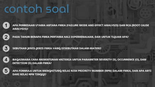 contoh soal
APA PERBEDAAN UTAMA ANTARA FMEA (FAILURE MODE AND EFFECT ANALYSIS) DAN RCA (ROOT CAUSE
ANALYSIS)?
PADA TAHUN BERAPA FMEA PERTAMA KALI DIPERKENALKAN, DAN UNTUK TUJUAN APA?
SEBUTKAN JENIS-JENIS FMEA YANG DISEBUTKAN DALAM MATERI!
BAGAIMANA CARA MENENTUKAN KRITERIA UNTUK PARAMETER SEVERITY (S), OCCURRENCE (O), DAN
DETECTION (D) DALAM FMEA?
APA FORMULA UNTUK MENGHITUNG NILAI RISK PRIORITY NUMBER (RPN) DALAM FMEA, DAN APA ARTI
DARI NILAI RPN TINGGI?
 